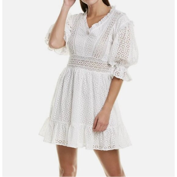 Love Sam Vivienne Eyelet Lace Mini Dress White Bohemian Cottagecore Medium - Picture 2 of 16